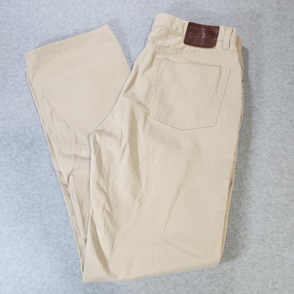 Polo Ralph Lauren Pants Men 34x32 Brown Chino Twill Casual Leather Patch